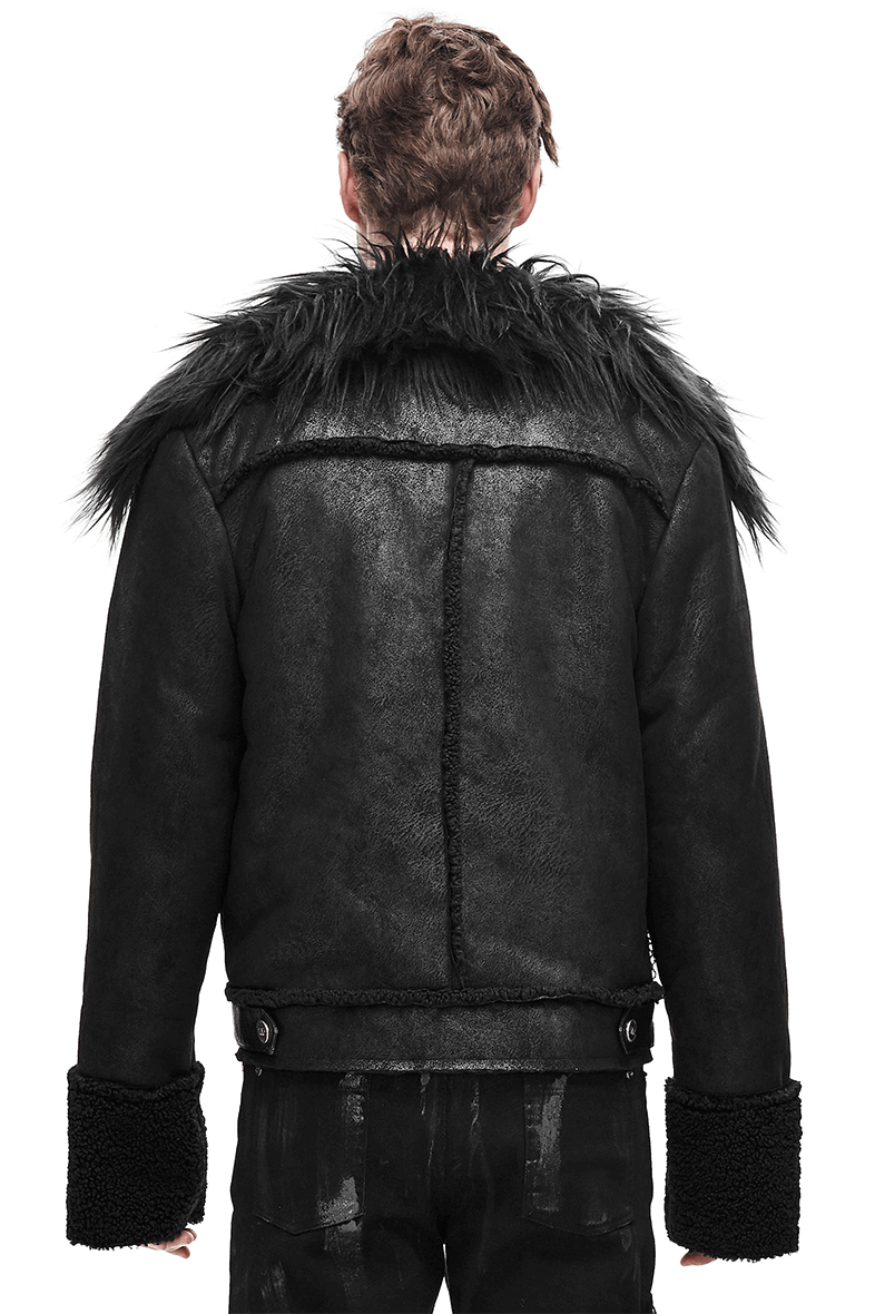 Black Zipper Jacket with Studs and Buckles / Gothic Punk Fur Collar Pu Leather Jackets - HARD'N'HEAVY