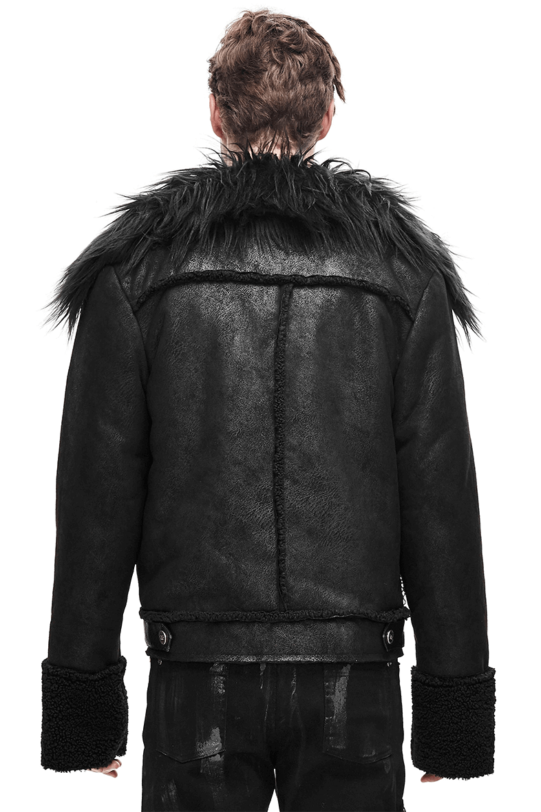 Back view of a men's black PU leather jacket with a fur collar, showcasing punk style and edgy details.