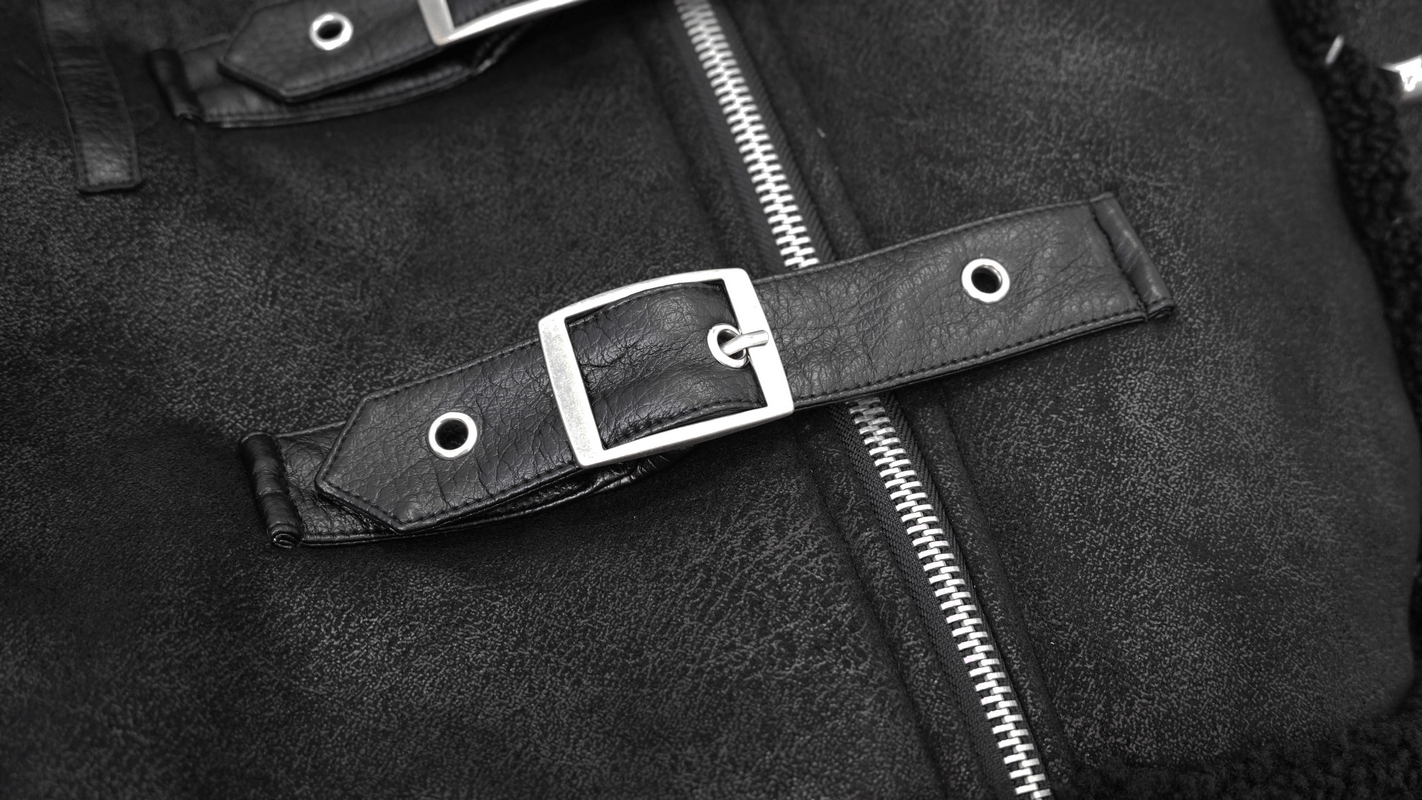 Close-up of black PU leather jacket featuring silver buckle straps and zipper, perfect for punk style enthusiasts.