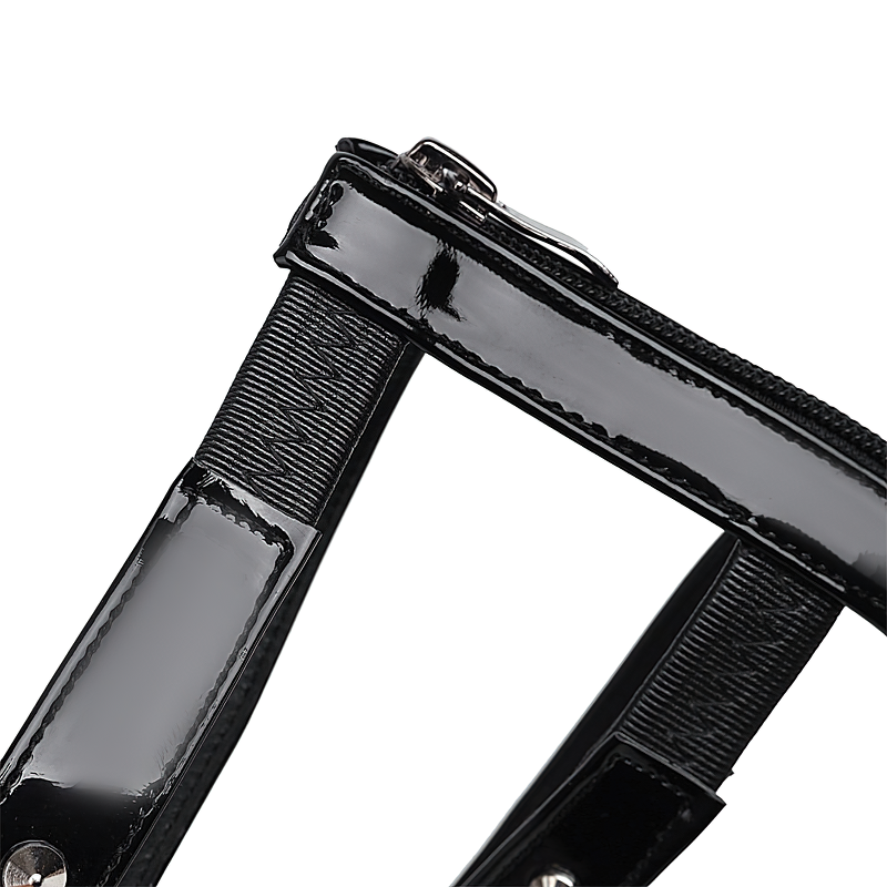 Close-up of black patent leather strap and zipper detail on stylish accessory.