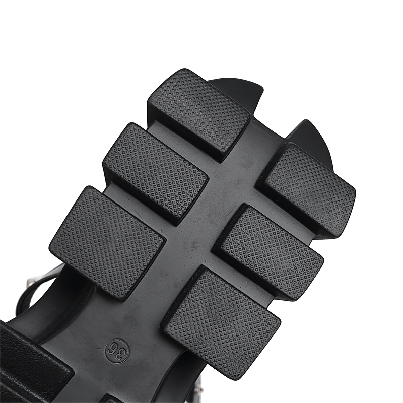 Black platform shoe sole with textured grips for added traction and stability, perfect for stylish punk sandals.