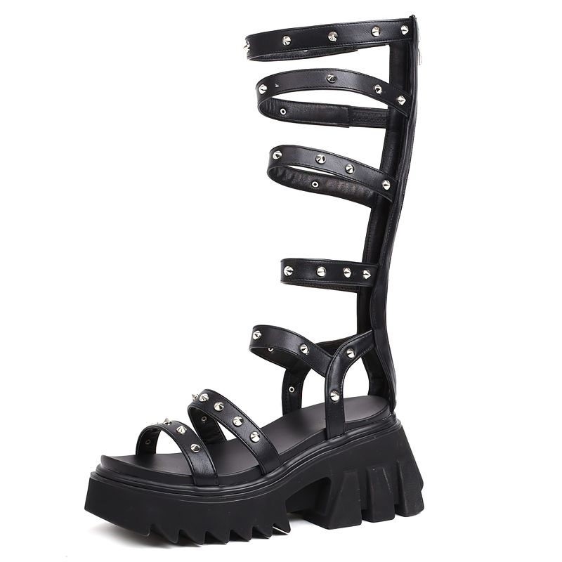 Black zipper open toe platform shoes with sparkly details and squared heel, perfect for punk style outfits.