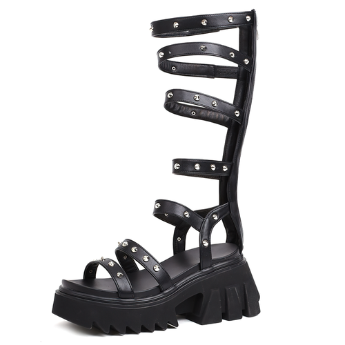 Zapatos de plataforma con punta abierta y cremallera negra / Sandalias punk de tacón cuadrado