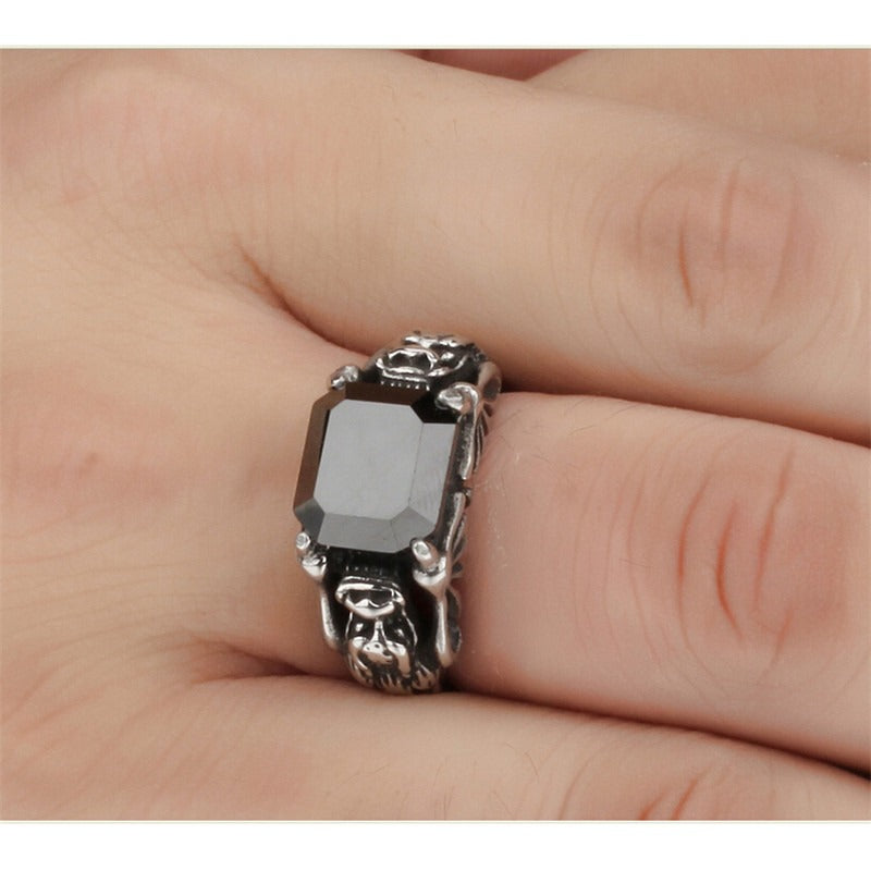 Black zircon ring with intricate Gothic design in 316L stainless steel, showcasing a stunning black stone, perfect for occult jewelry lovers.