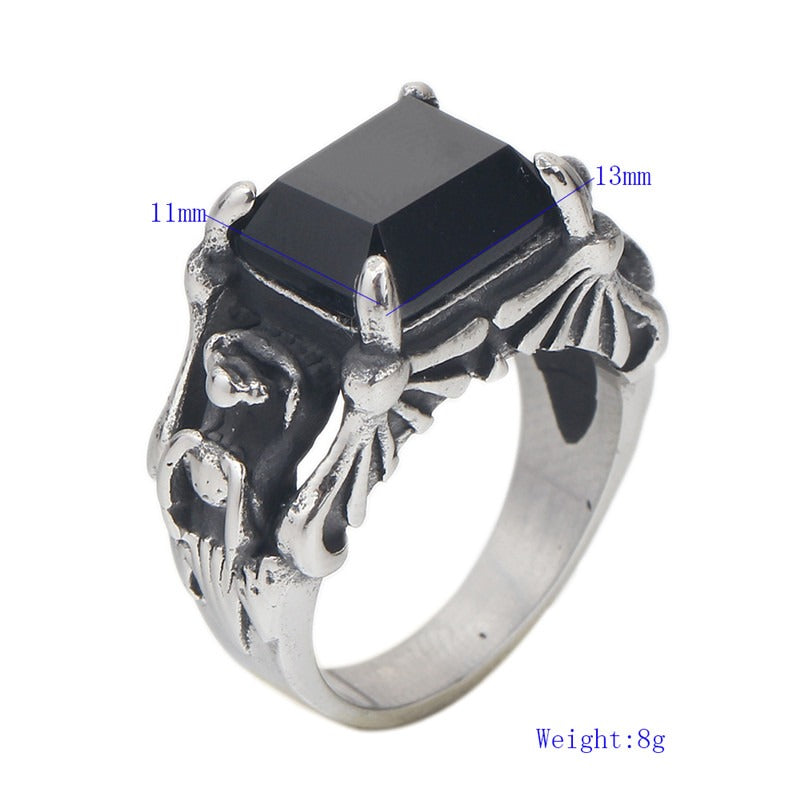 Gothic black zircon ring in 316L stainless steel, 13mm wide, featuring a striking black stone centerpiece.