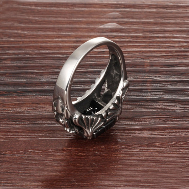 Gothic black zircon ring made of 316L stainless steel, featuring intricate design and comfortable fit.