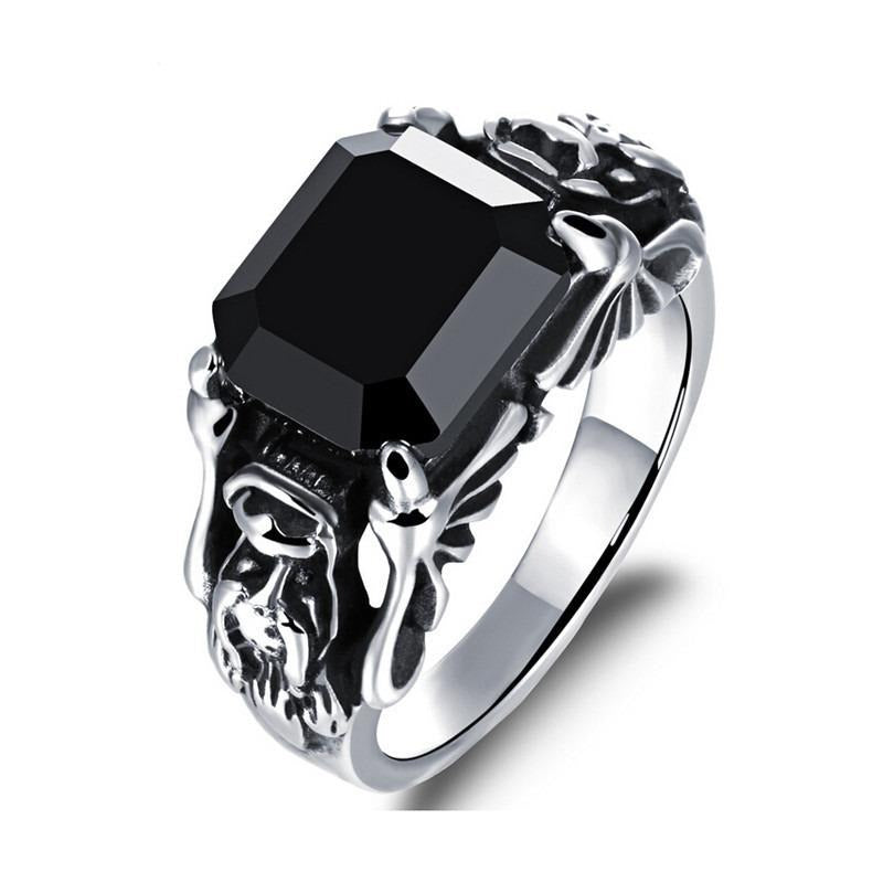 Stunning black zircon ring in 316L stainless steel, featuring gothic design and intricate detailing.