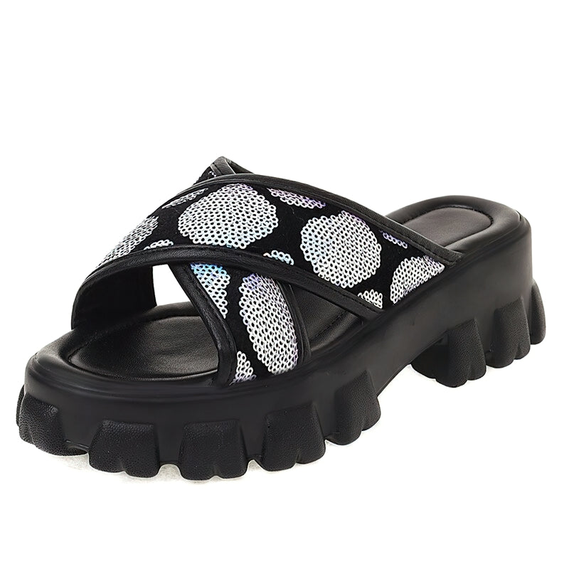 Trendy women's black platform sandals with sequined detailing and stylish cross strap for summer casual wear.
