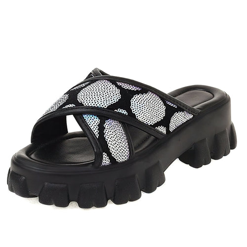 Sandales d'été pour femmes à la mode avec Paillettes / Femme Décontracté Noir Chaussons Plateforme 
