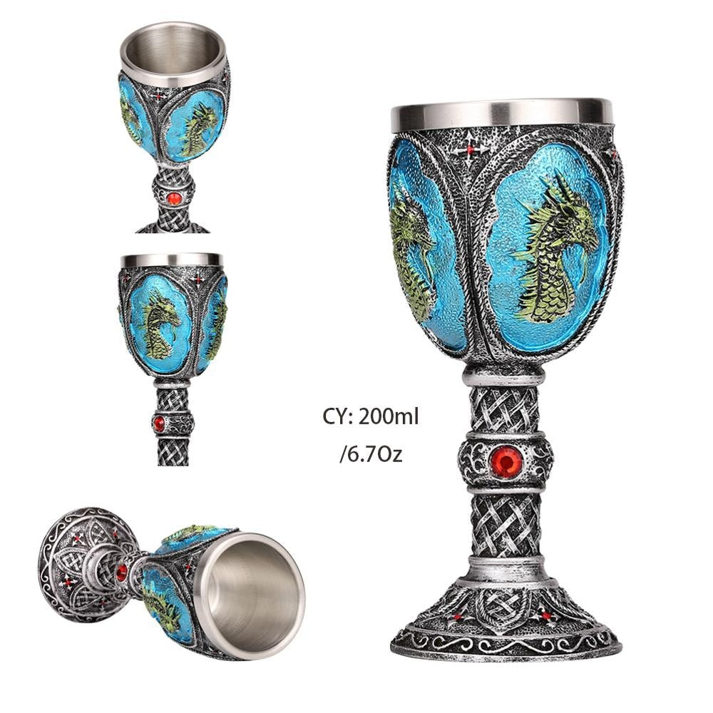 Vintage blue dragon wine glass made of stainless steel and resin, 200ml capacity, stunning bar drinkware.