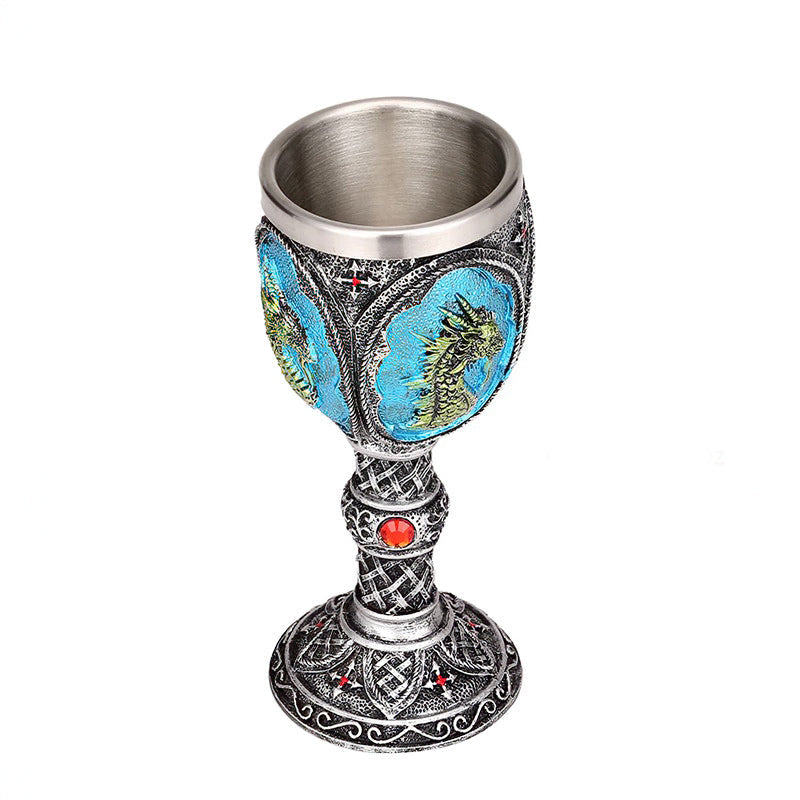 Vintage blue dragon wine glass with stainless steel and resin details for stylish drinkware.