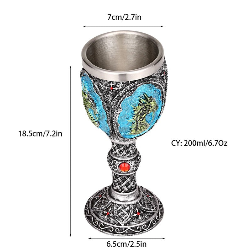 Vintage Blue Dragon Wine Glass made of stainless steel and resin, eco-friendly drinkware with colorful details.