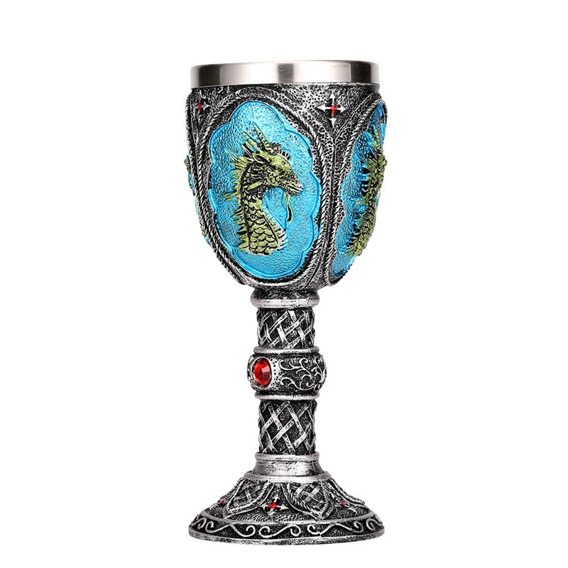 Vintage blue dragon wine glass with stainless steel and resin, decorative drinkware for collections or bars.