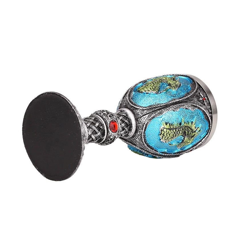 Unique blue dragon wine glass with stainless steel and resin, featuring vintage style and colorful details, perfect for bar drinkware.
