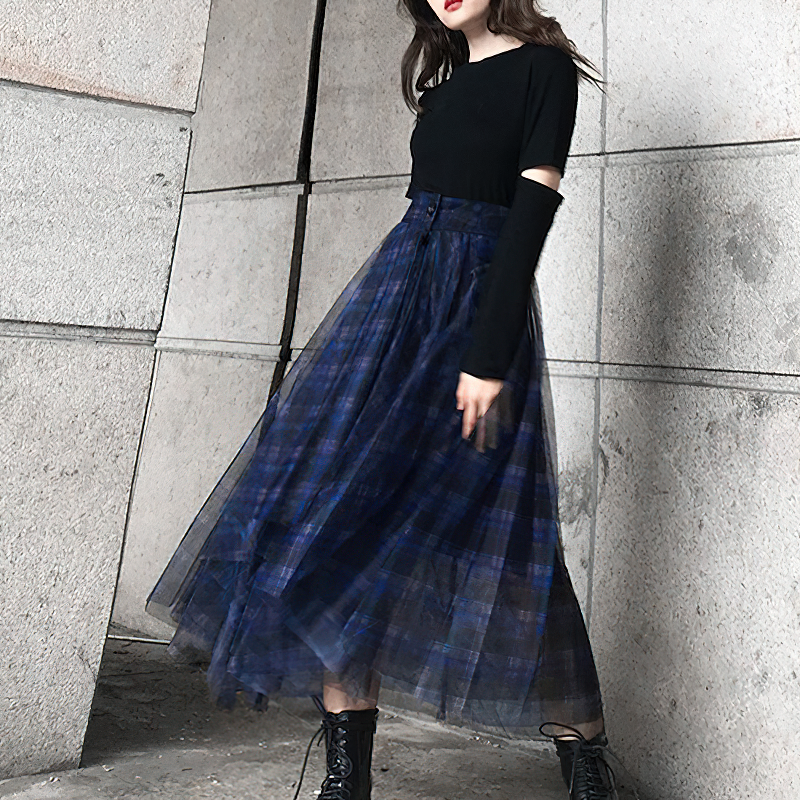 Blue Plaid Mesh Women's Skirt in Gothic Style / High Waist Elegant A-Line Long Skirts - HARD'N'HEAVY