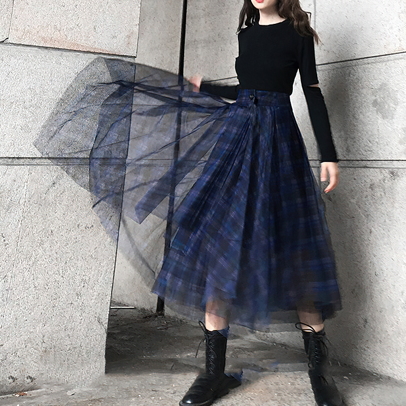 Blue Plaid Mesh Women's Skirt in Gothic Style / High Waist Elegant A-Line Long Skirts - HARD'N'HEAVY