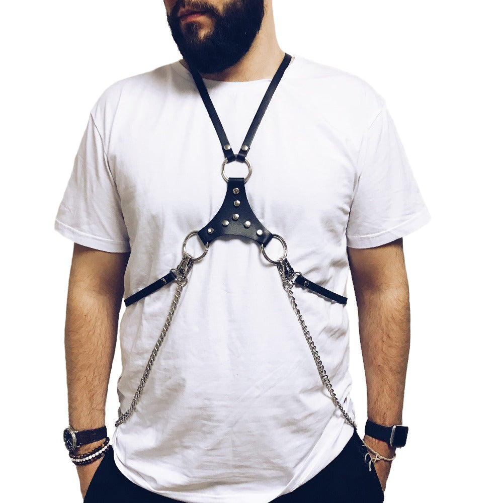 Body Faux Leather Bondage / Men Waist Harness Belt With Silver Chain / Black Straps with O-Ring - HARD'N'HEAVY