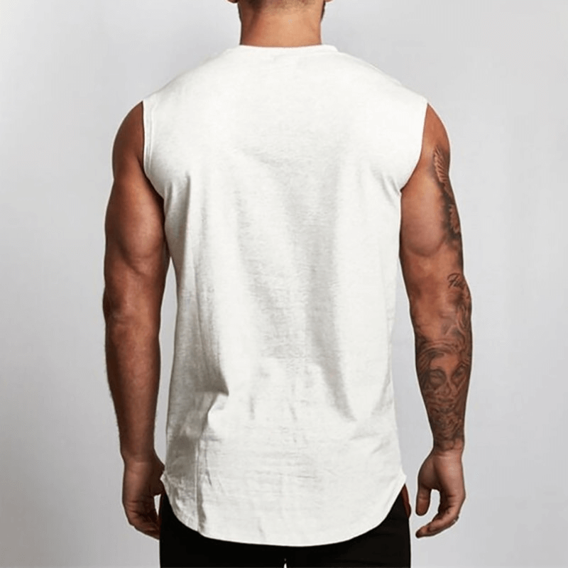 Back view of a muscular man wearing a sleeveless white bodybuilding tank top, showcasing stylish gym wear.