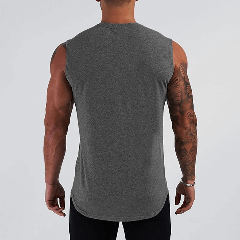 Men's sleeveless bodybuilding tank top in gray, perfect for gym workouts and stylish fitness wear.