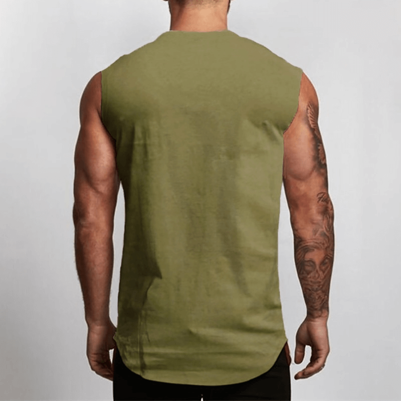 Men's sleeveless bodybuilding tank top in olive green, showcasing a stylish workout design and muscular back.