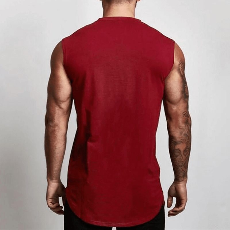 Men's sleeveless bodybuilding tank top in red, showcasing a stylish workout design from the back.
