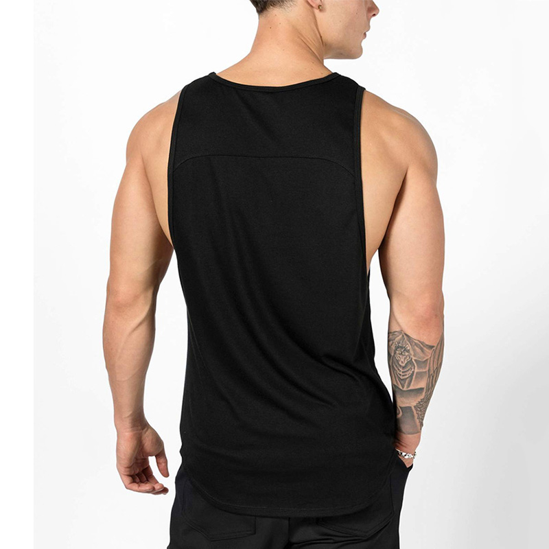 Men's bodybuilding tank top in black, showcasing a sleeveless design for sporty style and comfort.