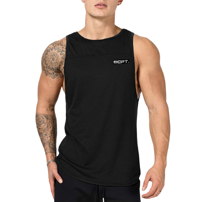 Stylish black bodybuilding tank top for men, perfect for workouts and casual wear, showcasing a sleeveless design.