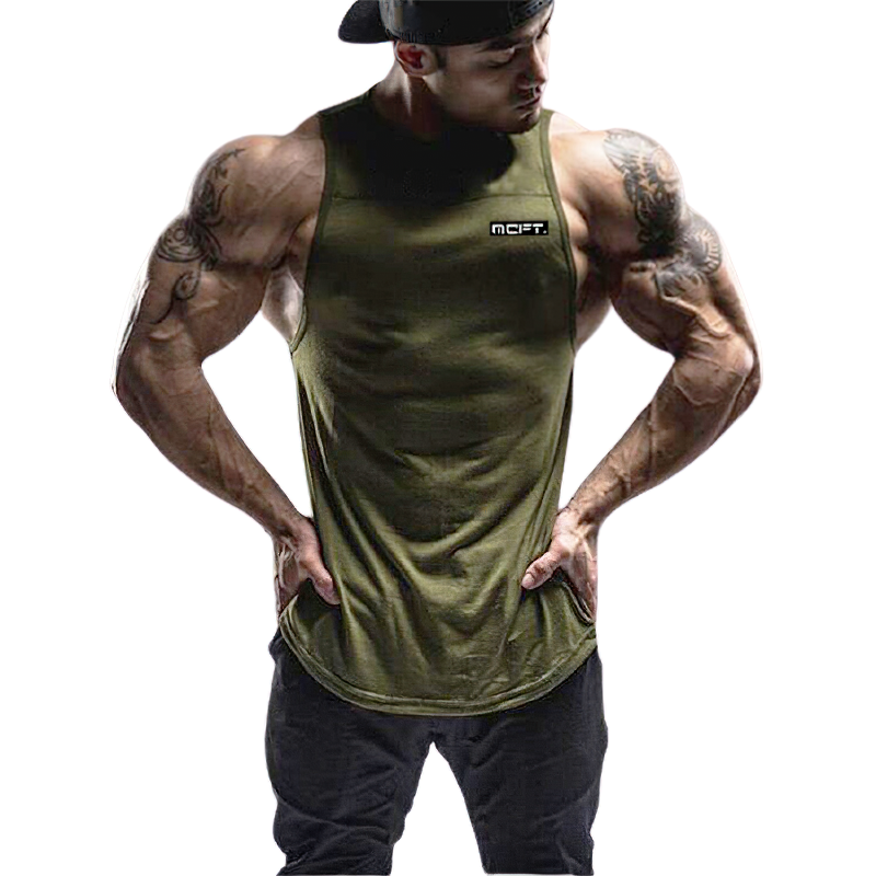 Stylish men's bodybuilding tank top in olive green, perfect for workouts and casual wear, showcasing a sporty design.