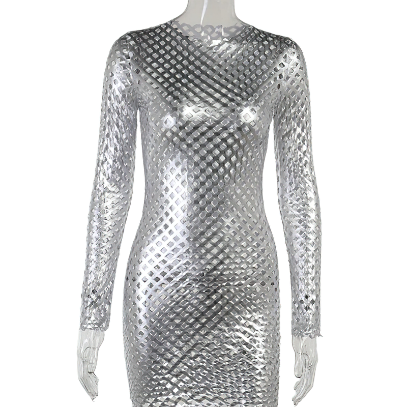 Bodycon Silver Mini Dress For Women / Clothing Of Outfits O-Neck And Long Sleeve - HARD'N'HEAVY
