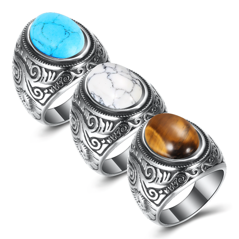 Bohemian unisex stainless steel rings with colorful stones, perfect for vintage alternative fashion.