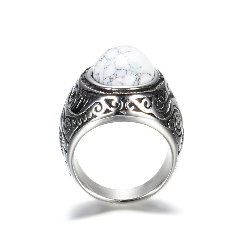 Bohemian unisex stainless steel ring featuring a striking white stone, perfect for vintage alternative fashion.