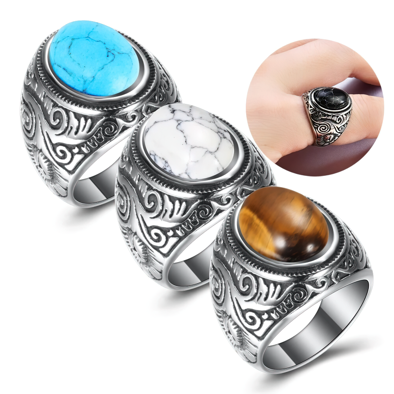 Bohemian unisex stainless steel rings in various styles with colorful stones for vintage alternative fashion jewelry.