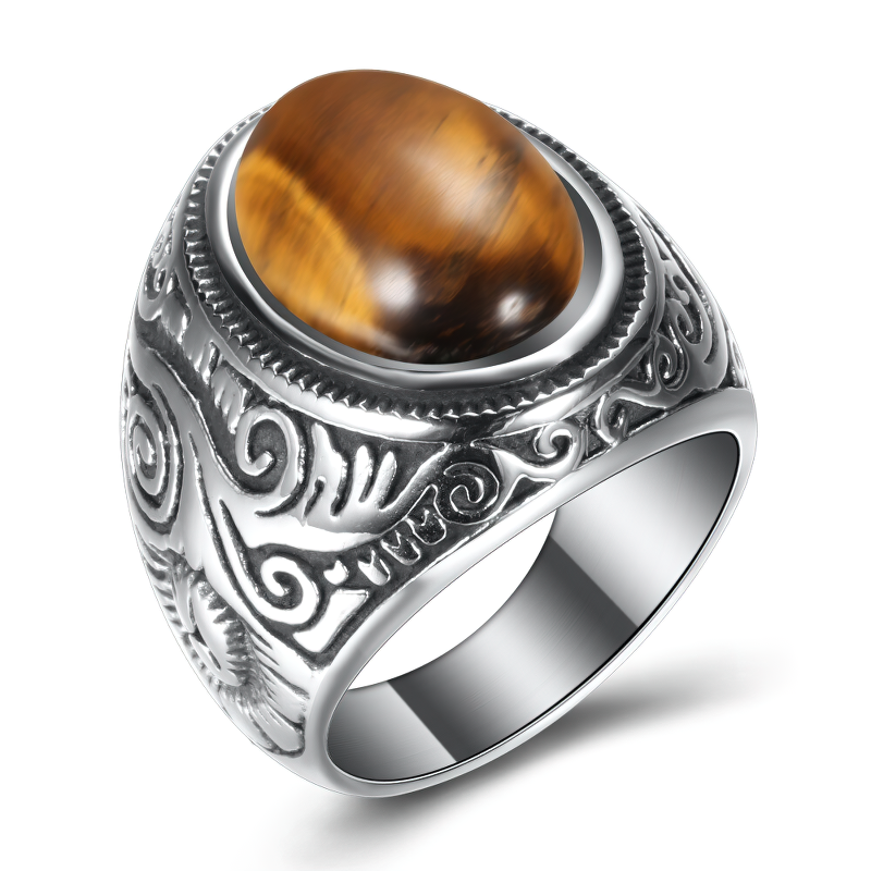 Bohemian unisex stainless steel ring with a tiger's eye stone, perfect for vintage alternative fashion style.