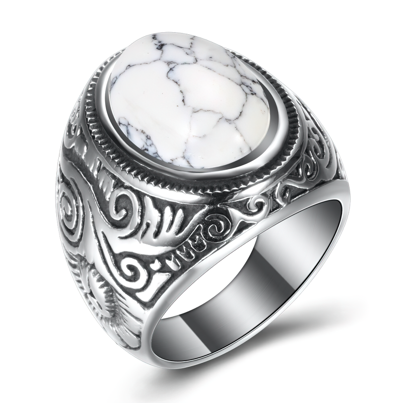 Bohemian style unisex stainless steel ring with a vintage white stone, perfect for alternative fashion lovers.