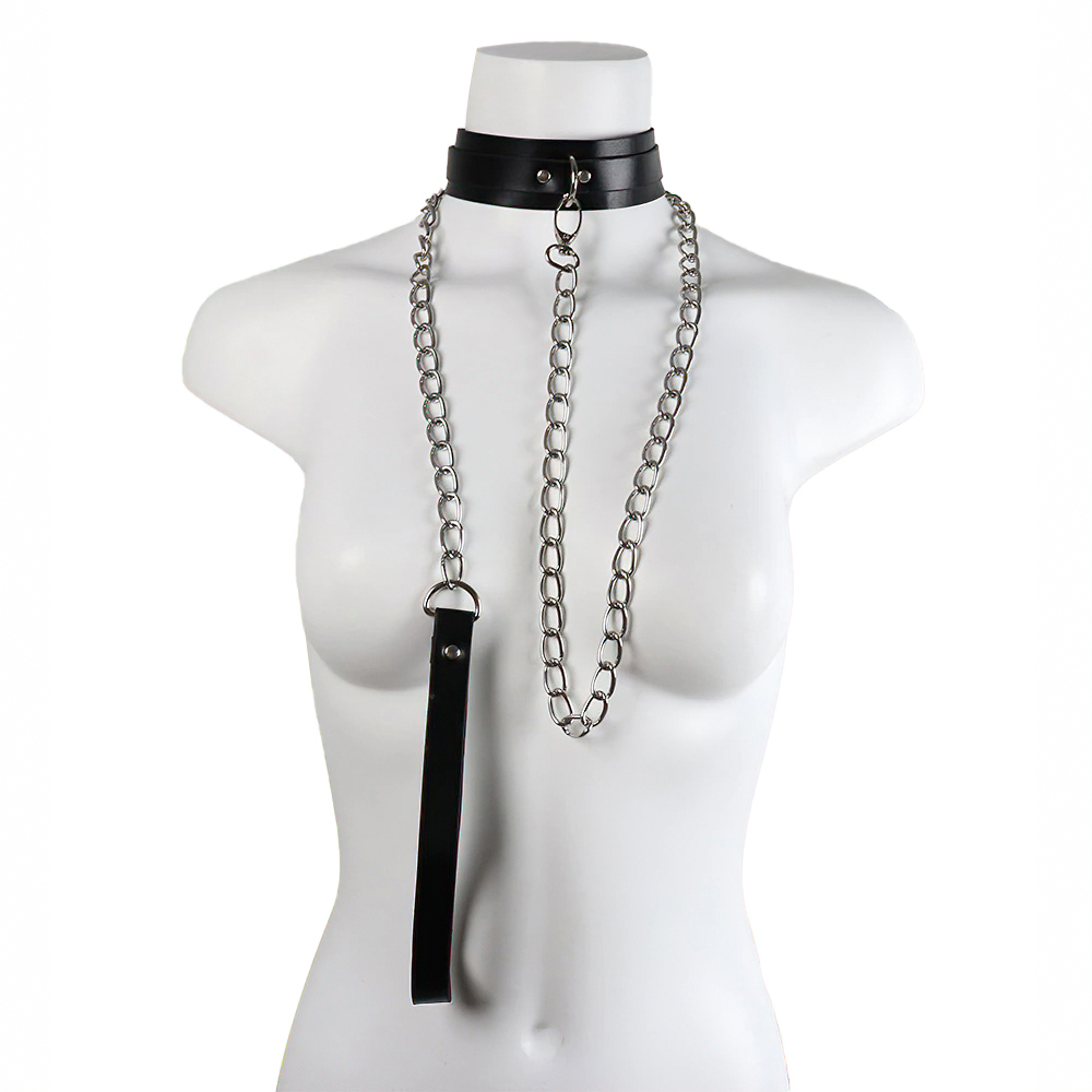 Stylish bondage cosplay collar with a metal chain leash, featuring a leather loop and carabiner for unique outfits.