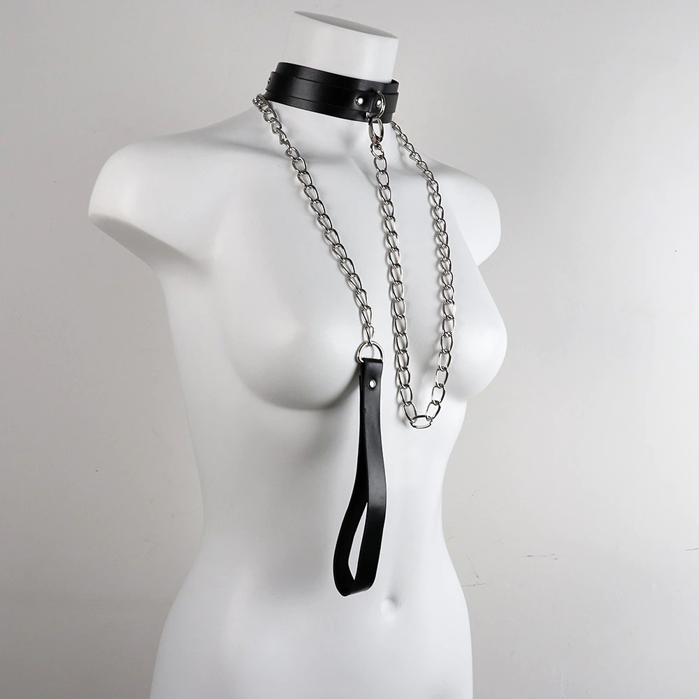 Stylish bondage cosplay collar with a metal chain leash and leather loop on a mannequin.