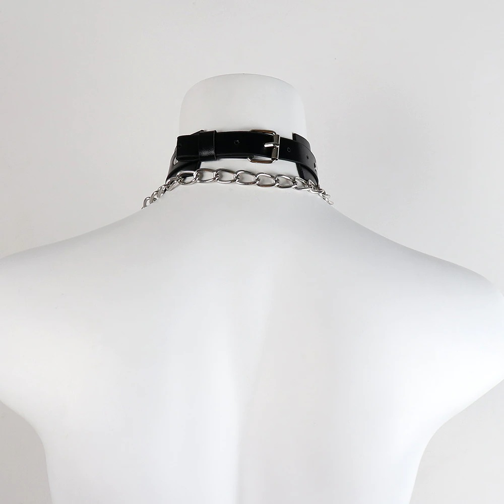 Black bondage cosplay collar with a metal chain and leather loop, showcased on a mannequin's back.