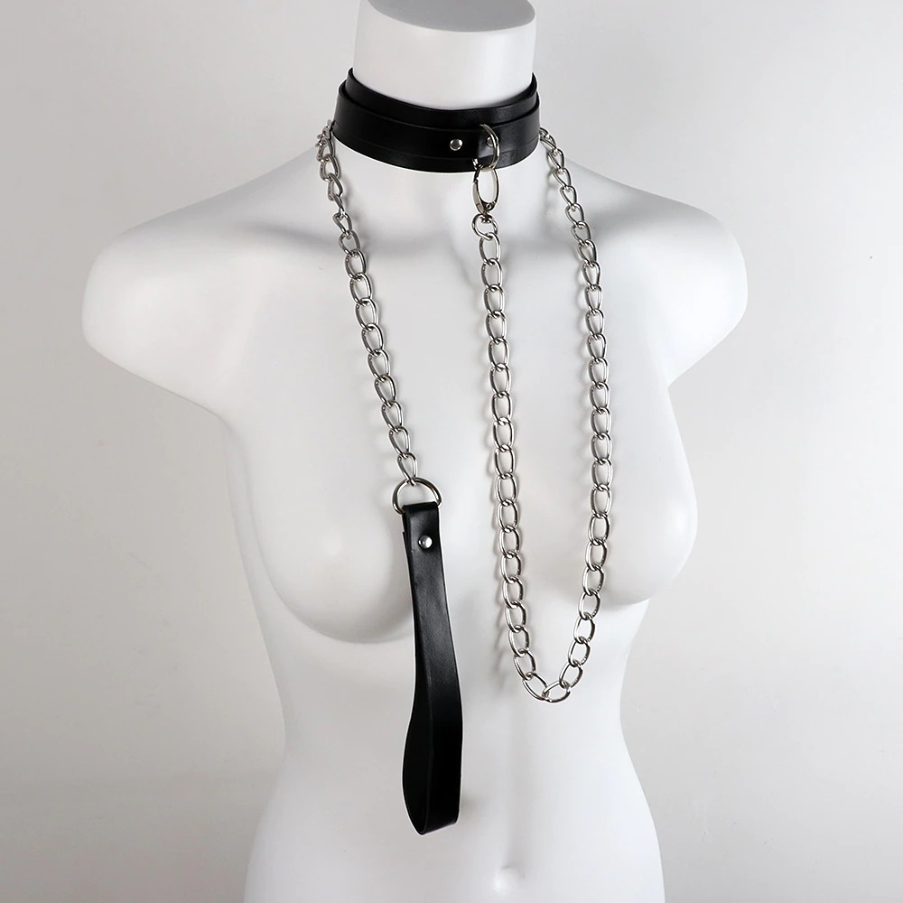 Bondage Cosplay Collar with a Leash / Metal chain with leather loop and carabiner - HARD'N'HEAVY