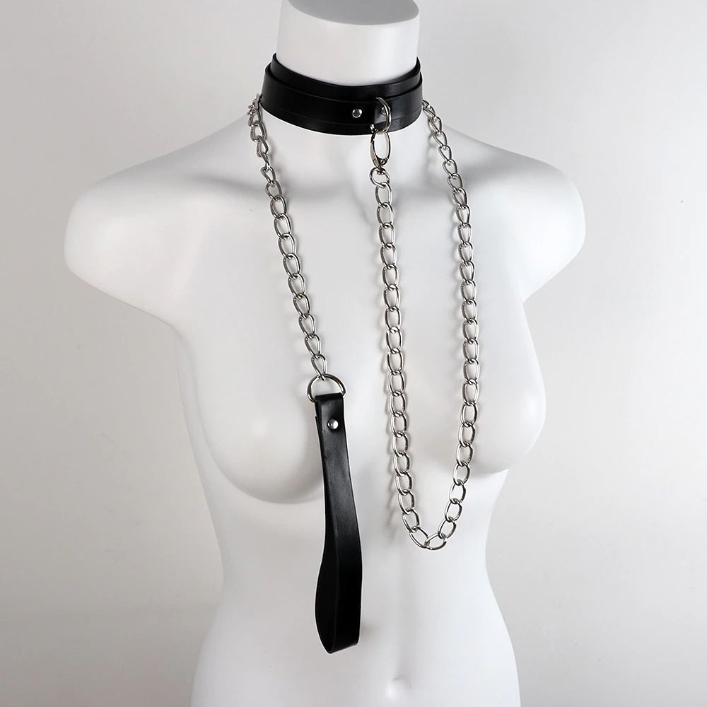 Stylish black bondage cosplay collar with a metal chain leash, perfect for theme parties and unique outfits.