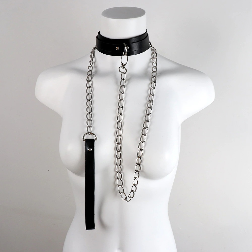 Stylish bondage cosplay collar with a metal chain leash and leather loop for themed outfits.