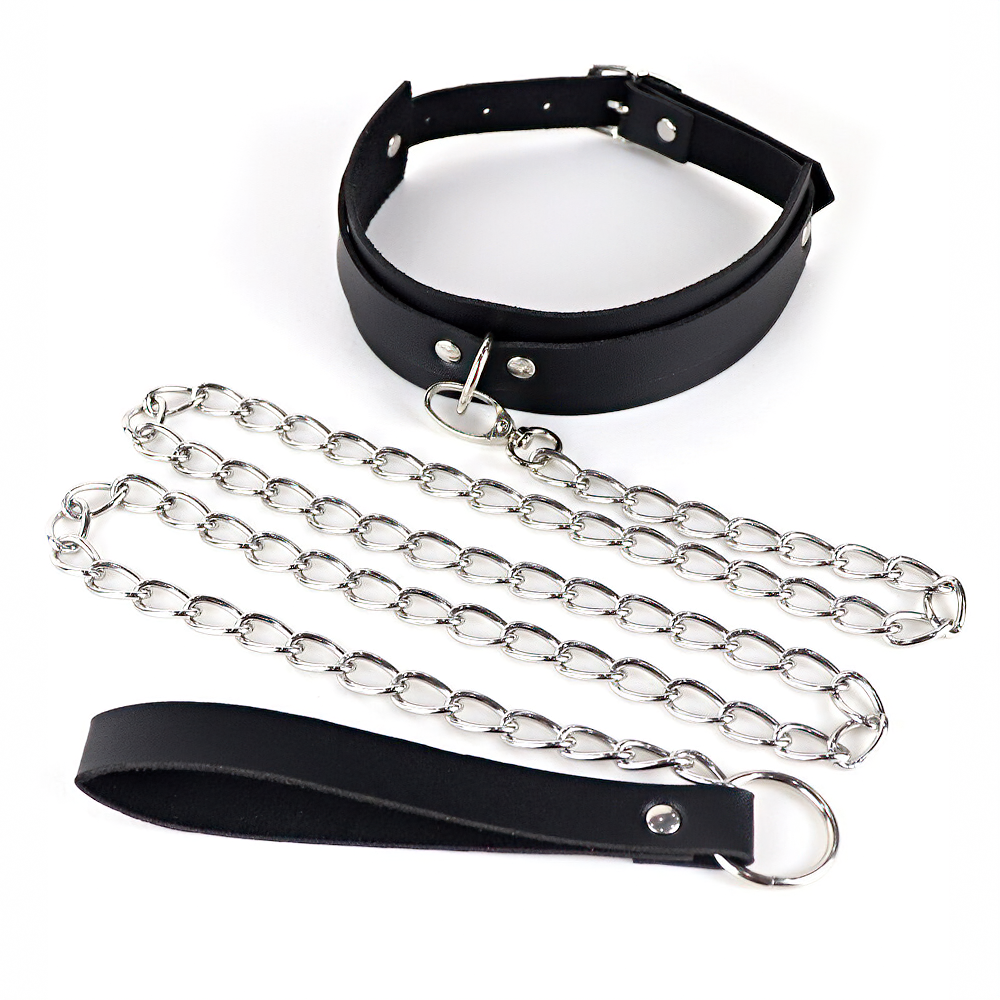 Stylish bondage cosplay collar with metal chain leash and leather loop for themed parties.