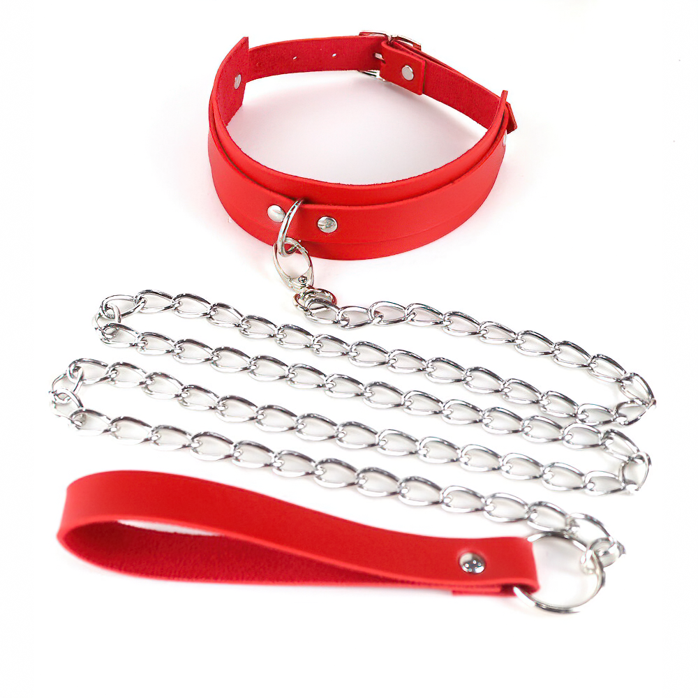 Stylish red bondage cosplay collar with leash, featuring leather loop and metal chain.