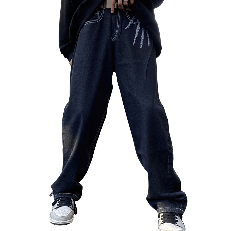 Bone print men's jeans with a casual wide leg cut, showcasing an alternative style and trendy fashion.