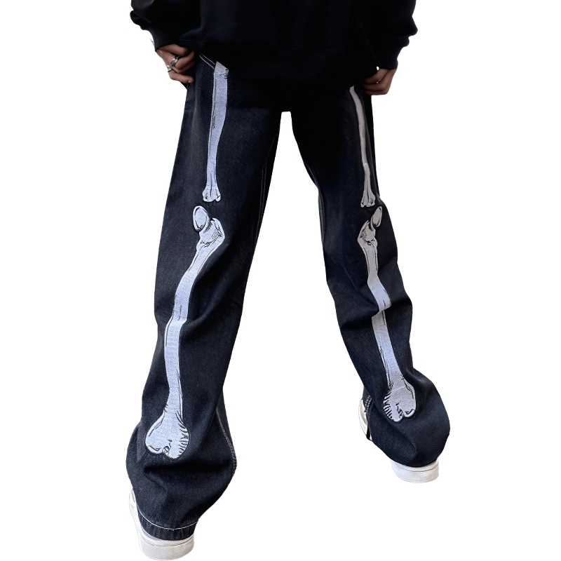 Men's wide leg jeans with bone print, showcasing alternative style fashion for a unique look.