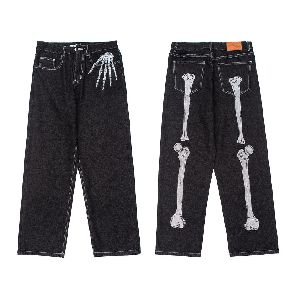Bone print men's jeans featuring stylish skeleton design on back pockets, perfect for alternative fashion lovers.