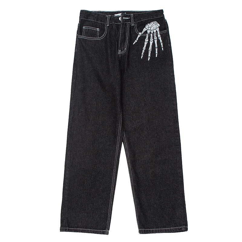 Bone print men's wide leg jeans in black, featuring a stylish skeleton hand design, perfect for alternative fashion.