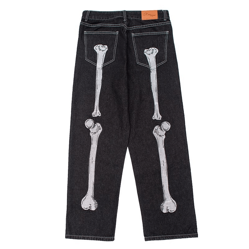 Bone print men's jeans featuring wide legs and stylish skeleton design, perfect for alternative fashion enthusiasts.