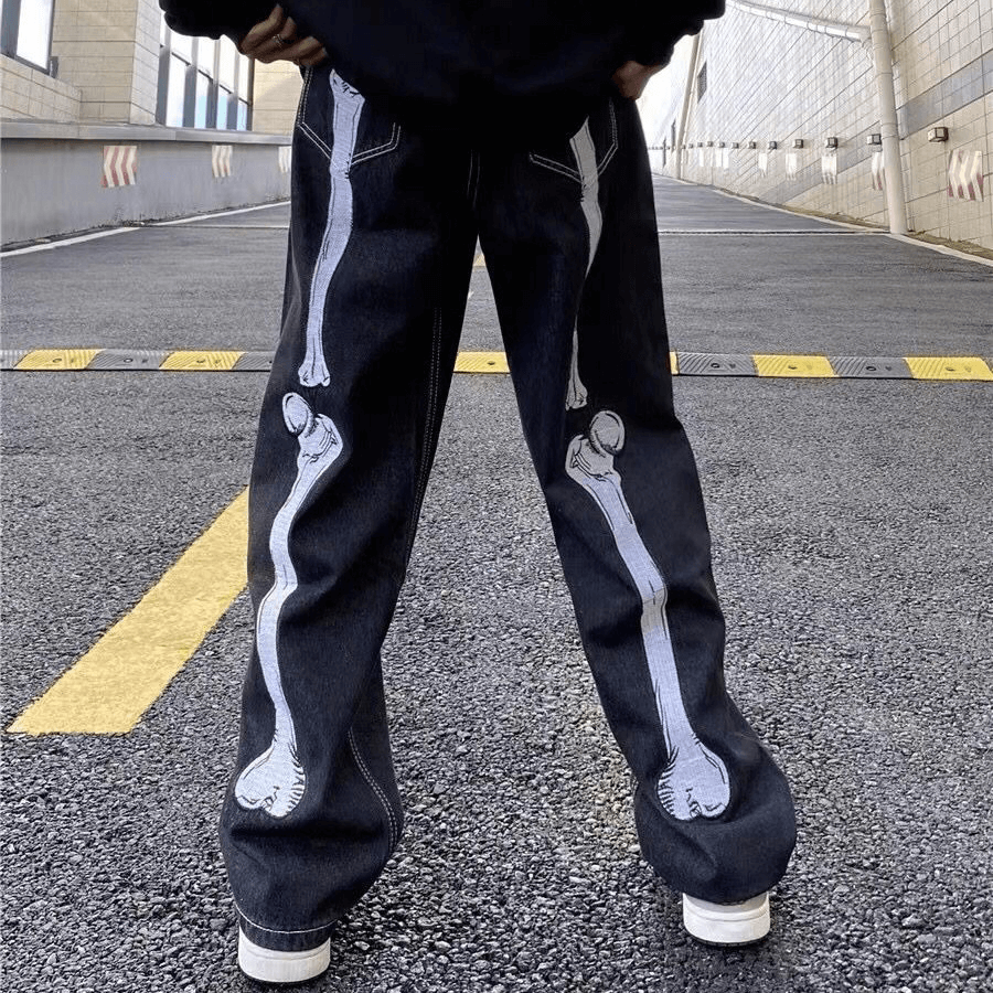 Bone Print Men's Jeans / Casual Wide Leg Straight Pants / Fashion Male Clothing