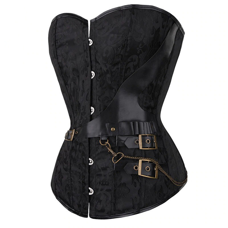 Boned faux leather gothic corset featuring decorative rivets and chains for a stylish, edgy look.