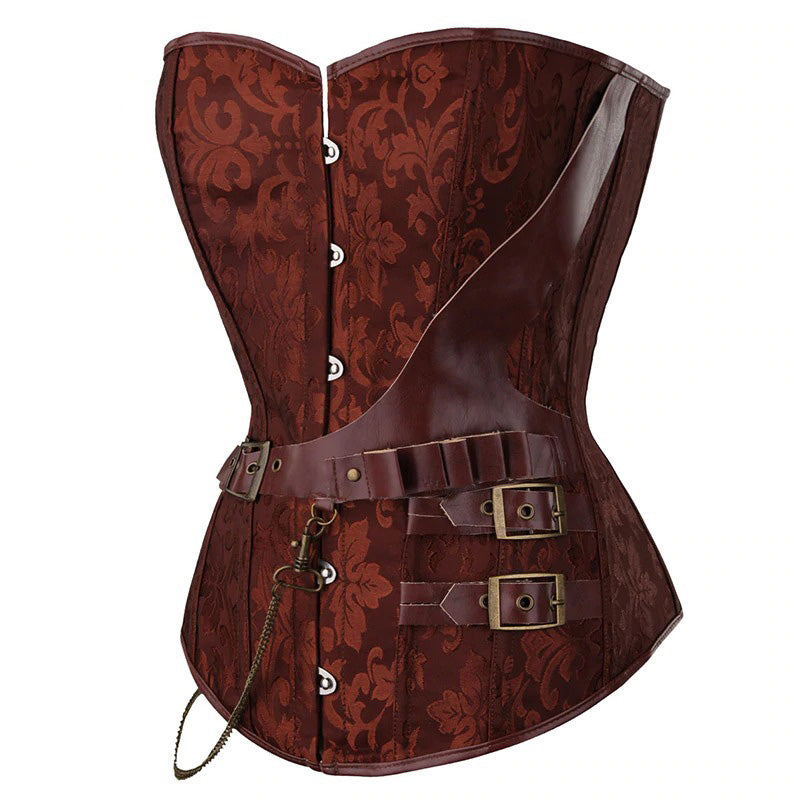 Gothic style boned faux leather corset featuring rivets, chains, and a chic design for a stunning look.